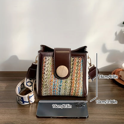 ストロー編み クロスボディバッグ｜幅広ストラップ ショルダーバッグ｜レインボーデザイン レディース バケットバッグ