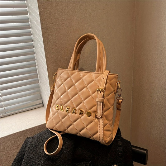 クラシック キルティング ショルダーバッグ｜メタルレター装飾 クロスボディバッグ｜レディース スタイリッシュ スクエア サッチェルバッグ
