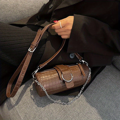 クロコ型押し バレル型 ショルダーバッグ｜レディース チェーン クロスボディバッグ｜シンプル パース
