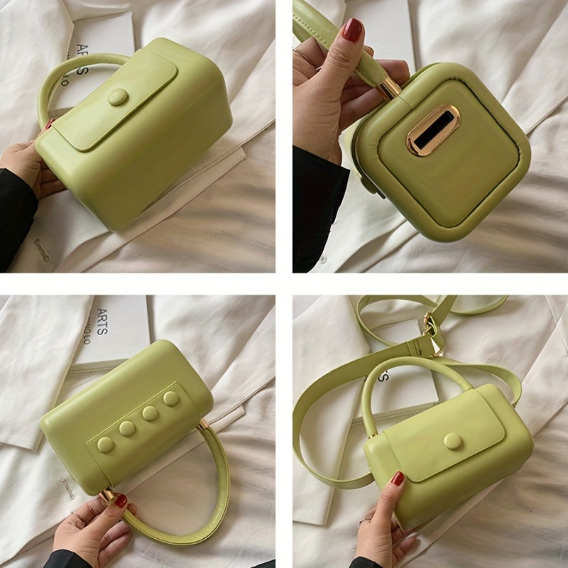 トレンド ボックス型 ハンドバッグ｜ボタン付き 無地 クロスボディバッグ｜個性派 フラップ スクエア バッグ