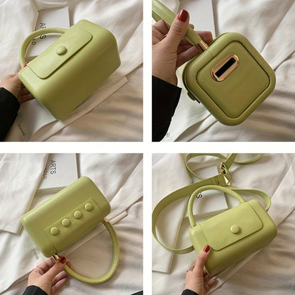 トレンド ボックス型 ハンドバッグ｜ボタン付き 無地 クロスボディバッグ｜個性派 フラップ スクエア バッグ