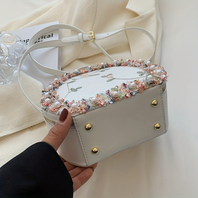 トレンド フラワー刺繍 ラウンドバッグ｜ビーズ装飾 サッチェルバッグ｜ファスナー付き スタイリッシュ ショルダーバッグ