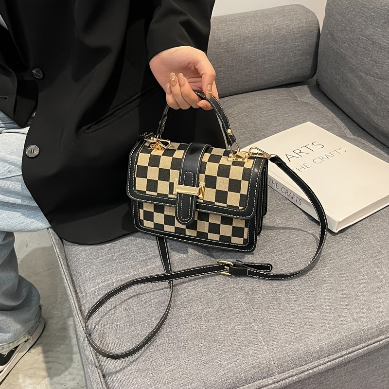 チェック柄 スクエア ハンドバッグ｜バックル装飾 ショルダーバッグ｜レディース フラップ パース