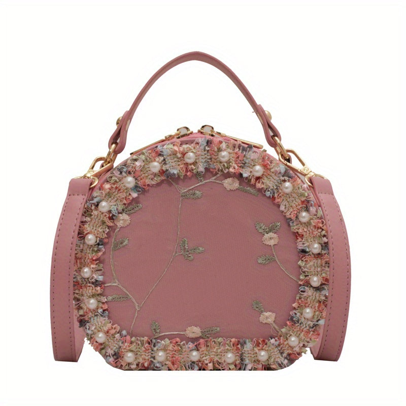 トレンド フラワー刺繍 ラウンドバッグ｜ビーズ装飾 サッチェルバッグ｜ファスナー付き スタイリッシュ ショルダーバッグ