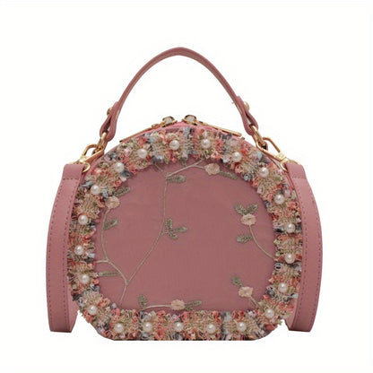 トレンド フラワー刺繍 ラウンドバッグ｜ビーズ装飾 サッチェルバッグ｜ファスナー付き スタイリッシュ ショルダーバッグ