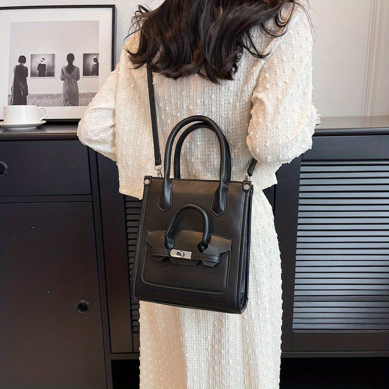 ニッチデザイン スクエア ショルダーバッグ｜無地 オールマッチ サッチェルバッグ｜レディース ターンロックバッグ