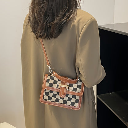 チェック柄 スクエア ハンドバッグ｜バックル装飾 ショルダーバッグ｜レディース フラップ パース