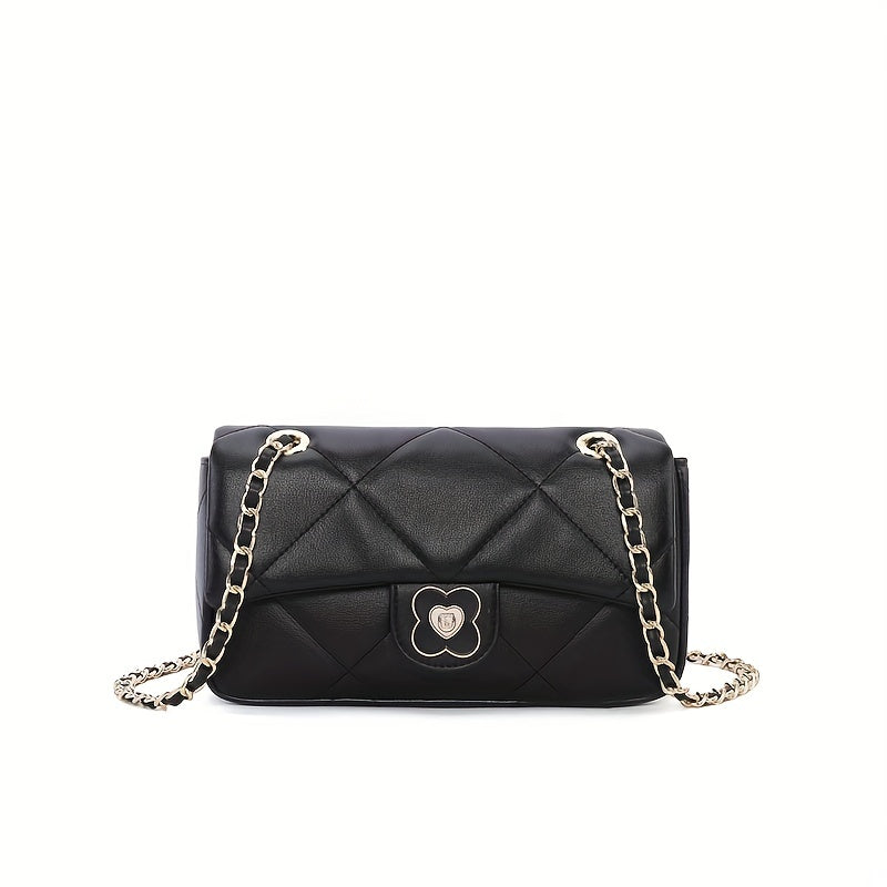 キルティング チェーン クロスボディバッグ｜メタルフラワー装飾 フラップ パース｜レディース レザー スクエア ショルダーバッグ