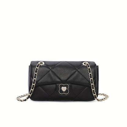 キルティング チェーン クロスボディバッグ｜メタルフラワー装飾 フラップ パース｜レディース レザー スクエア ショルダーバッグ