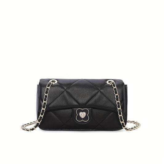 キルティング チェーン クロスボディバッグ｜メタルフラワー装飾 フラップ パース｜レディース レザー スクエア ショルダーバッグ