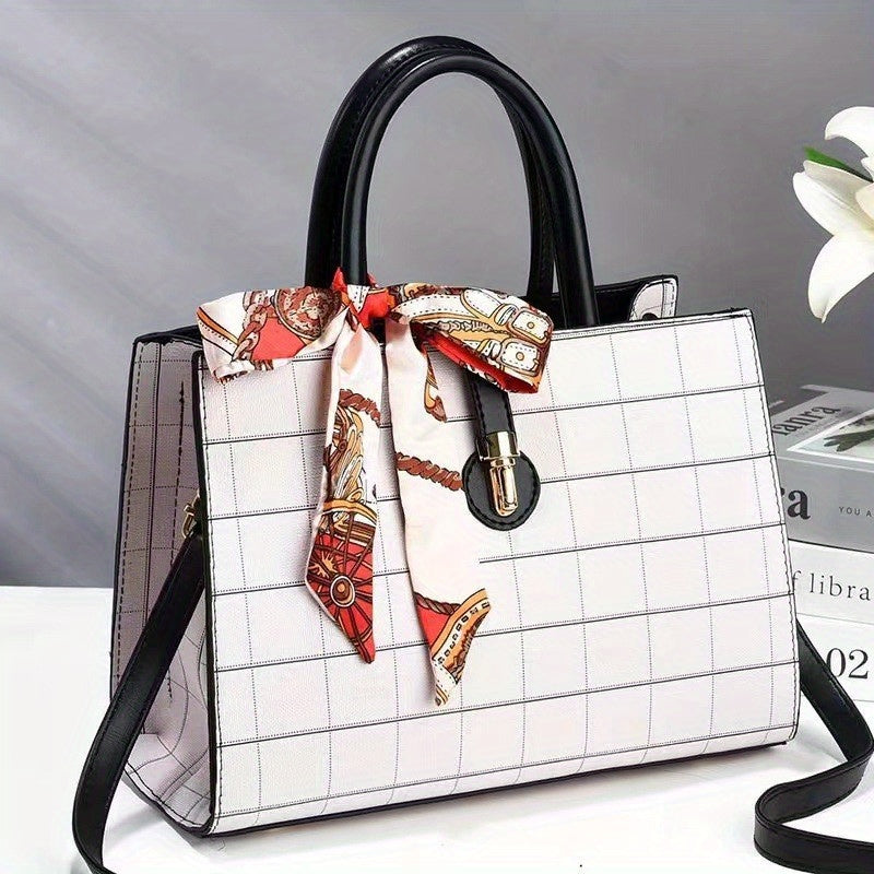 ウィンドウペーン柄 トートバッグ｜スカーフ装飾 サッチェル パース｜レディース 合成皮革 クロスボディバッグ