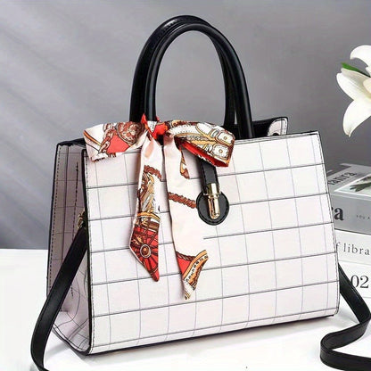 ウィンドウペーン柄 トートバッグ｜スカーフ装飾 サッチェル パース｜レディース 合成皮革 クロスボディバッグ