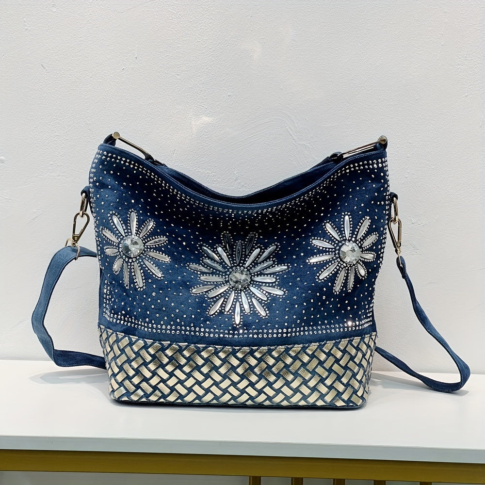 フラワー柄 ラインストーン装飾 ショルダーバッグ｜トレンド デニム クロスボディバッグ｜オールマッチ レディースバッグ