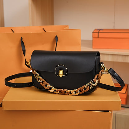 チェーン装飾 バゲットバッグ｜トレンド 合成皮革 クロスボディバッグ｜バックル付き ミニ フラップ パース