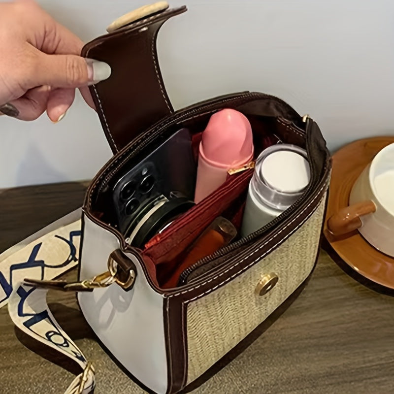 ストロー編み クロスボディバッグ｜幅広ストラップ ショルダーバッグ｜レインボーデザイン レディース バケットバッグ