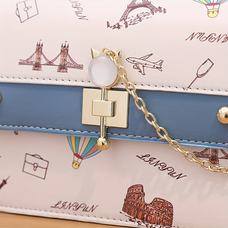 カートゥーン柄 スクエア ショルダーバッグ｜スタイリッシュ 配色デザイン バッグ｜オールマッチ クロスボディバッグ