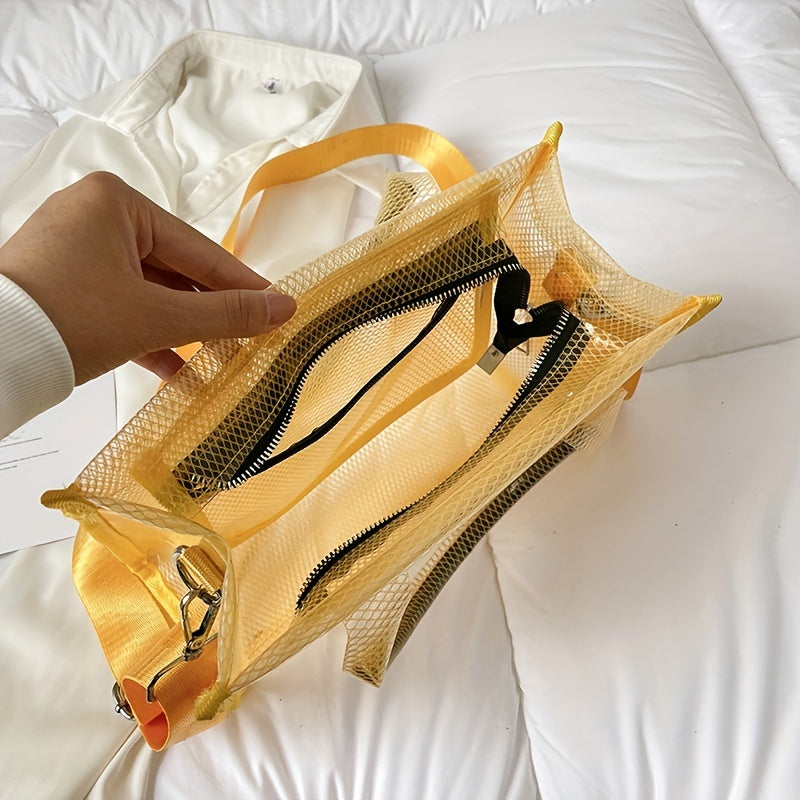 クリア メッシュ デザイン トートバッグ｜大容量 ジェリー クロスボディバッグ｜防水 ビーチバッグ 旅行・海・プール用