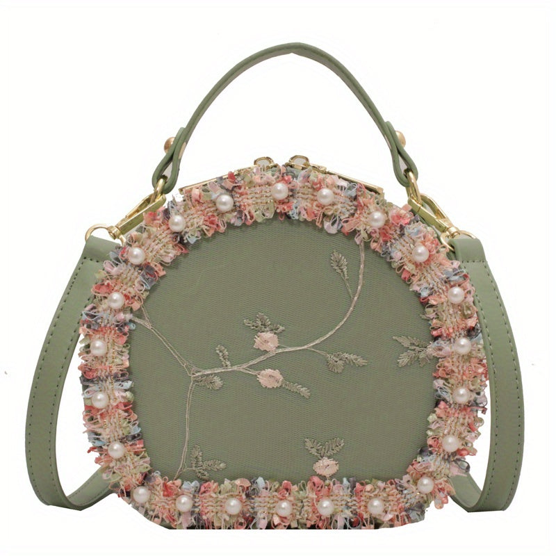トレンド フラワー刺繍 ラウンドバッグ｜ビーズ装飾 サッチェルバッグ｜ファスナー付き スタイリッシュ ショルダーバッグ