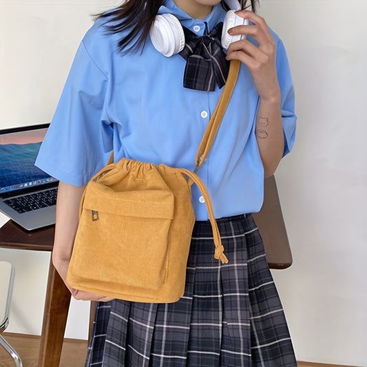 コーデュロイ 巾着 バケットバッグ｜無地 クロスボディバッグ｜シンプル デイリー ショルダーバッグ