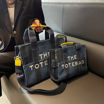 カラーブロック デニム トートショルダーバッグ｜軽量 シンプル レタープリント バッグ｜トレンド サッチェルバッグ