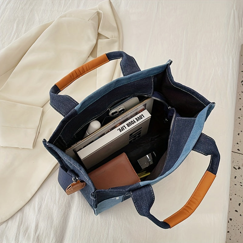 ステッチ入り デニム トートバッグ｜レタープリント クロスボディバッグ｜レディース トレンド 通勤 ハンドバッグ