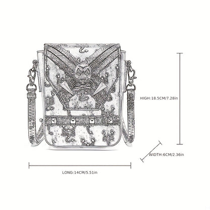 ミニ スチームパンク 型押し クロスボディバッグ｜ハロウィン スカル フラップ パース｜ゴシック PUレザー スマホバッグ