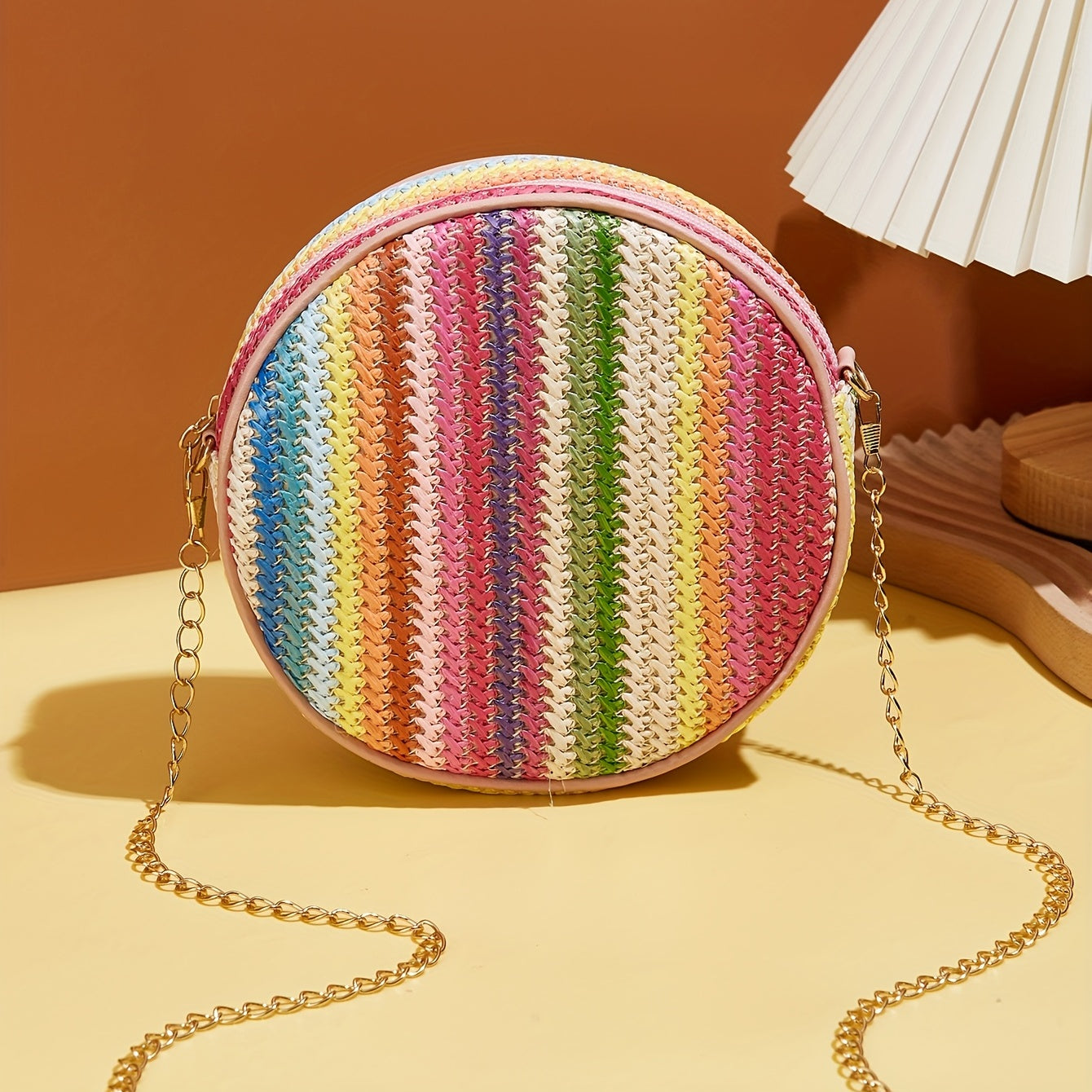 カラフル ストロー編み ラウンドバッグ｜ファッション チェーン クロスボディバッグ｜レインボーデザイン レディース ビーチバッグ
