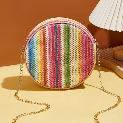 カラフル ストロー編み ラウンドバッグ｜ファッション チェーン クロスボディバッグ｜レインボーデザイン レディース ビーチバッグ