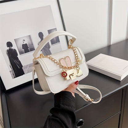 ミニ Y2K クロスボディバッグ｜メタル バニー装飾 ハンドバッグ｜ハートチェーン フラップ スクエア パース レディース