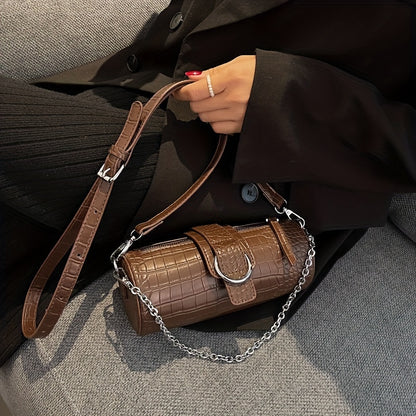 クロコ型押し バレル型 ショルダーバッグ｜レディース チェーン クロスボディバッグ｜シンプル パース