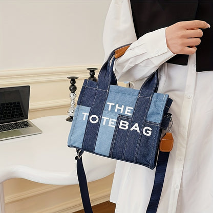 ステッチ入り デニム トートバッグ｜レタープリント クロスボディバッグ｜レディース トレンド 通勤 ハンドバッグ