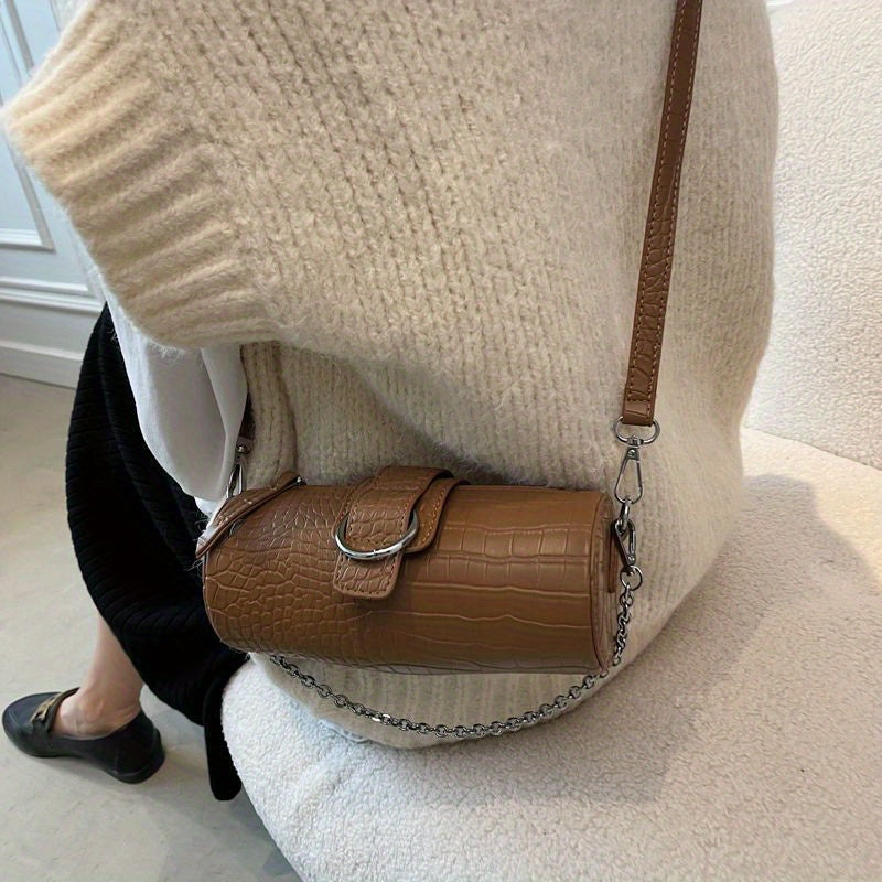 クロコ型押し バレル型 ショルダーバッグ｜レディース チェーン クロスボディバッグ｜シンプル パース