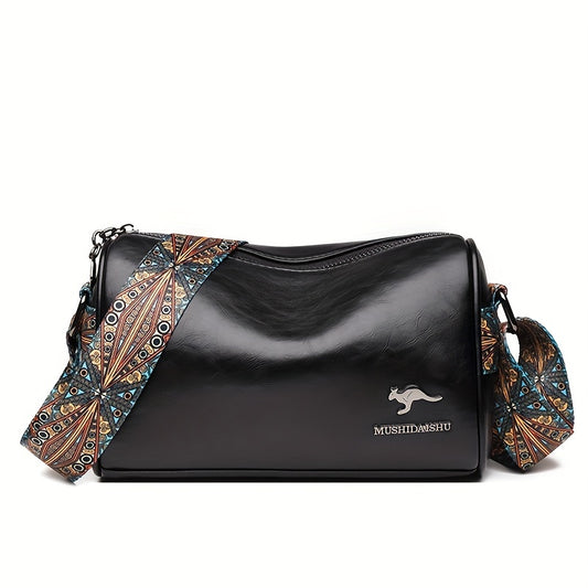 レトロ風 クロスボディバッグ｜幾何学ストラップ ショルダーバッグ｜オイル調 合成皮革 ピローバッグ