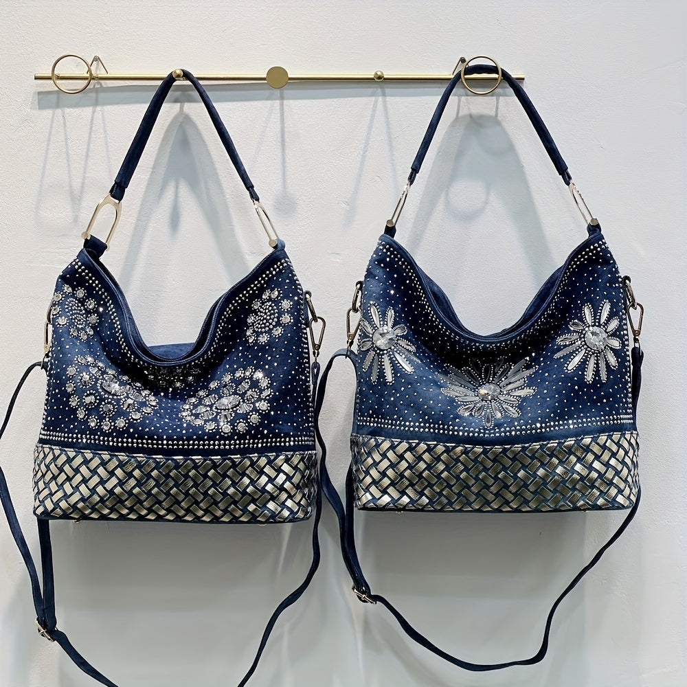 フラワー柄 ラインストーン装飾 ショルダーバッグ｜トレンド デニム クロスボディバッグ｜オールマッチ レディースバッグ