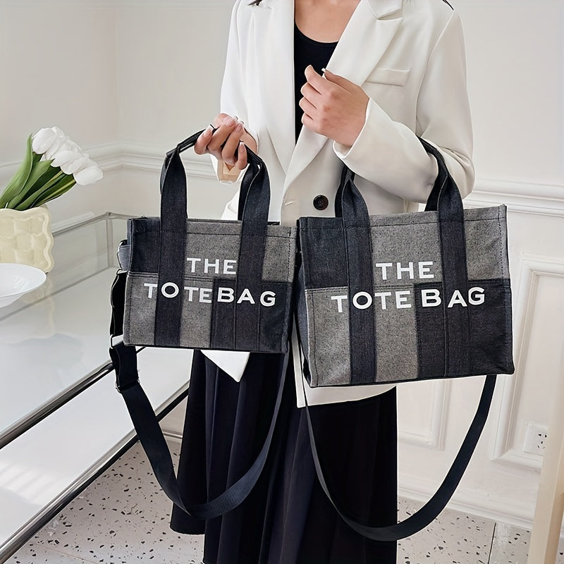 ステッチ入り デニム トートバッグ｜レタープリント クロスボディバッグ｜レディース トレンド 通勤 ハンドバッグ
