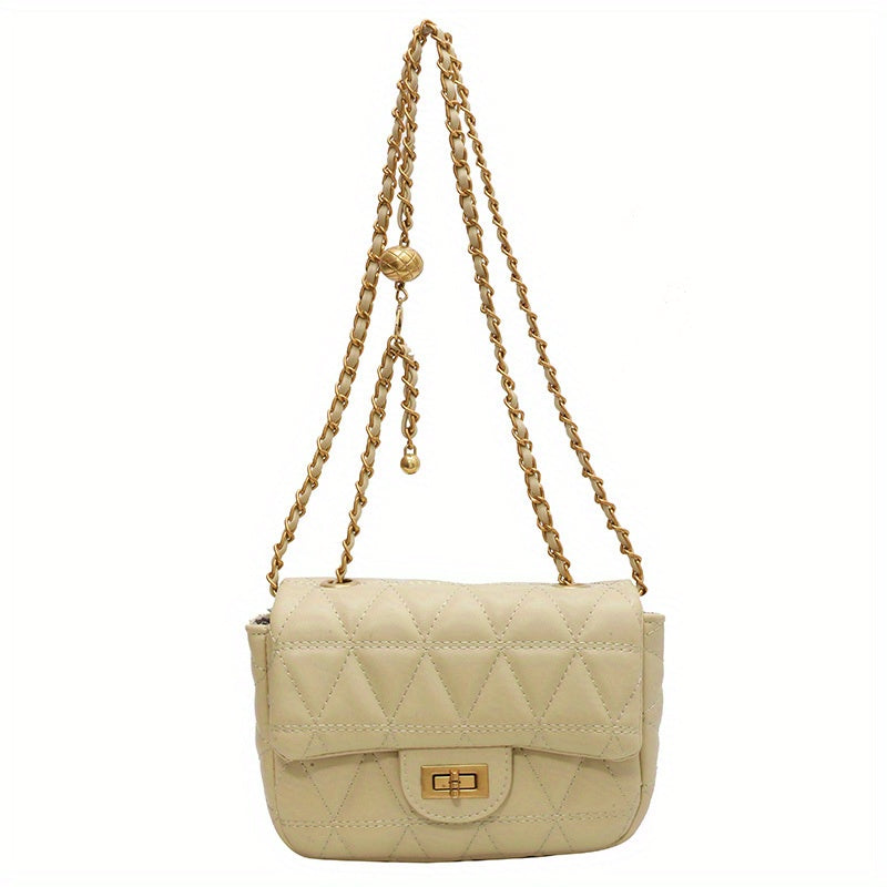 アーガイル キルティング チェーン クロスボディバッグ｜ミニ ターンロック ショルダーバッグ｜レディース 合成皮革 フラップ パース