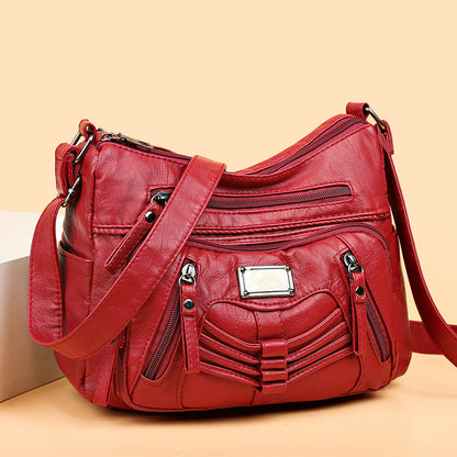 パッチ装飾 クロスボディバッグ｜レディース ソフト PUレザー ショルダーバッグ｜大容量 マルチファスナー パース