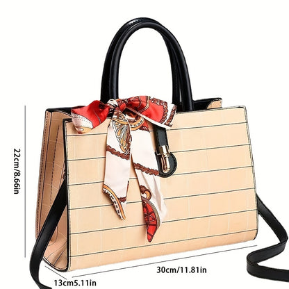 ウィンドウペーン柄 トートバッグ｜スカーフ装飾 サッチェル パース｜レディース 合成皮革 クロスボディバッグ