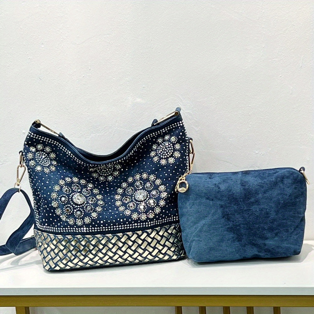 フラワー柄 ラインストーン装飾 ショルダーバッグ｜トレンド デニム クロスボディバッグ｜オールマッチ レディースバッグ