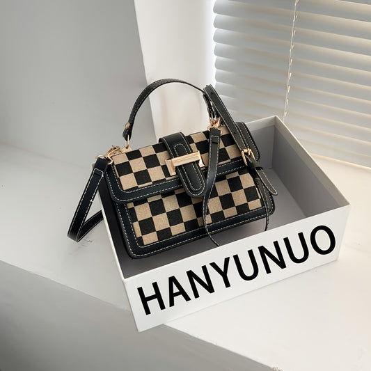 チェック柄 スクエア ハンドバッグ｜バックル装飾 ショルダーバッグ｜レディース フラップ パース