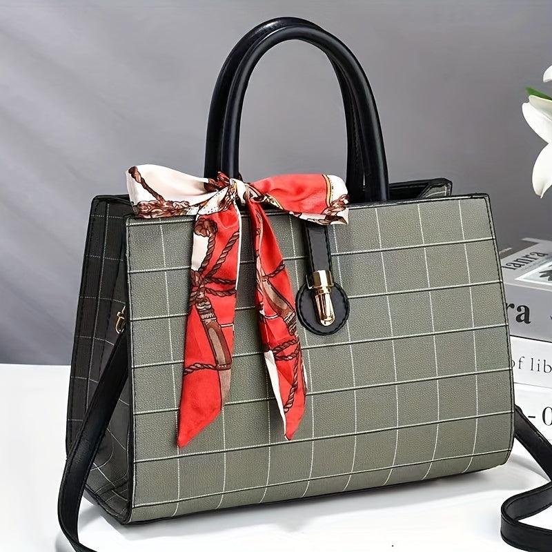 ウィンドウペーン柄 トートバッグ｜スカーフ装飾 サッチェル パース｜レディース 合成皮革 クロスボディバッグ