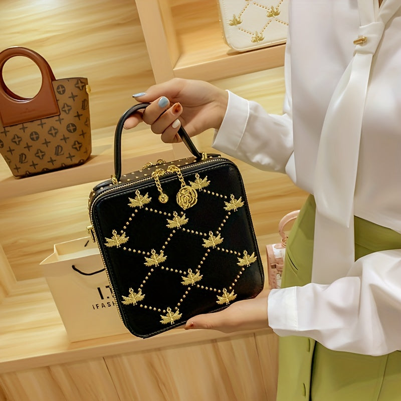 スタッズ ローズモチーフ ミニ ショルダーバッグ｜ファスナー付き ハンドル＆取り外し可能ストラップ｜アーガイル刺繍 エレガント クロスボディバッグ