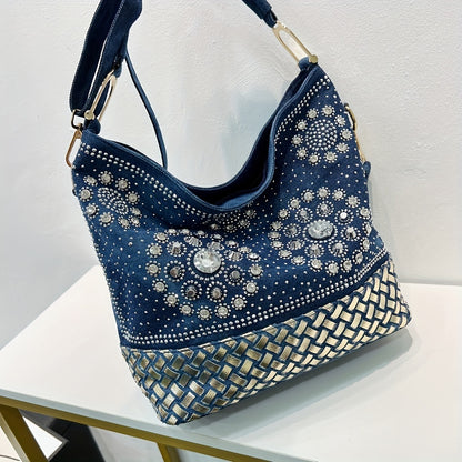 フラワー柄 ラインストーン装飾 ショルダーバッグ｜トレンド デニム クロスボディバッグ｜オールマッチ レディースバッグ