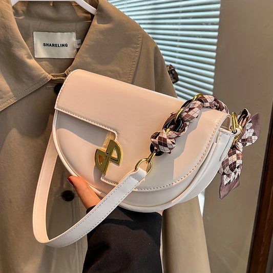 ミニマル フラップ サドルバッグ｜無地 スタイリッシュ ショルダーバッグ｜スカーフ装飾 クロスボディバッグ