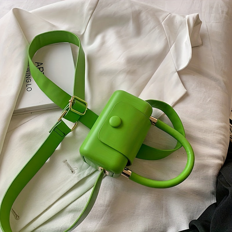 トレンド ボックス型 ハンドバッグ｜ボタン付き 無地 クロスボディバッグ｜個性派 フラップ スクエア バッグ