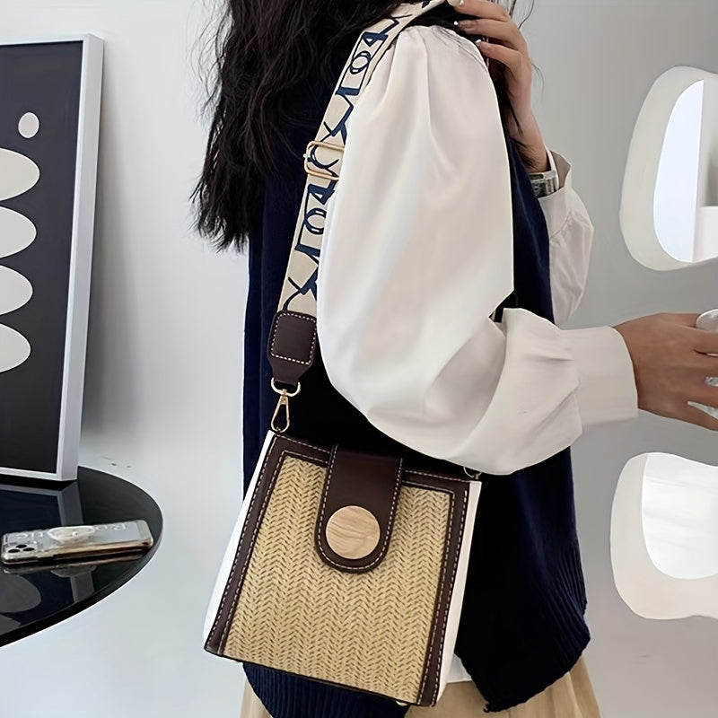 ストロー編み クロスボディバッグ｜幅広ストラップ ショルダーバッグ｜レインボーデザイン レディース バケットバッグ