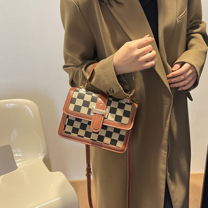 チェック柄 スクエア ハンドバッグ｜バックル装飾 ショルダーバッグ｜レディース フラップ パース