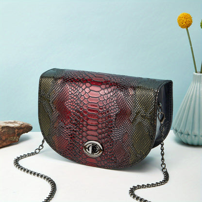 クロコダイル柄 ラメ サドルバッグ｜バックル付き トレンド クロスボディバッグ｜メタルチェーン エレガント ショルダーバッグ