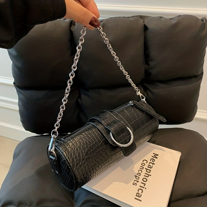 クロコ型押し バレル型 ショルダーバッグ｜レディース チェーン クロスボディバッグ｜シンプル パース