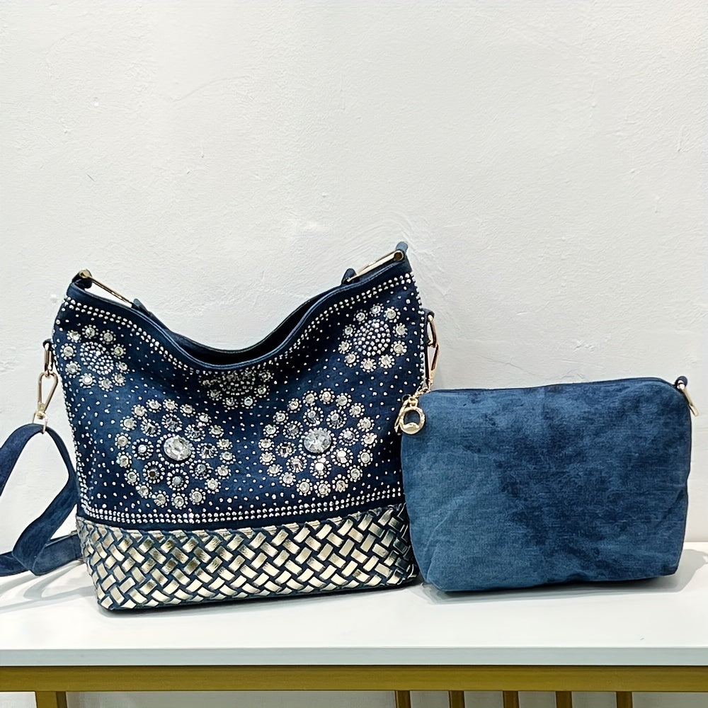 フラワー柄 ラインストーン装飾 ショルダーバッグ｜トレンド デニム クロスボディバッグ｜オールマッチ レディースバッグ